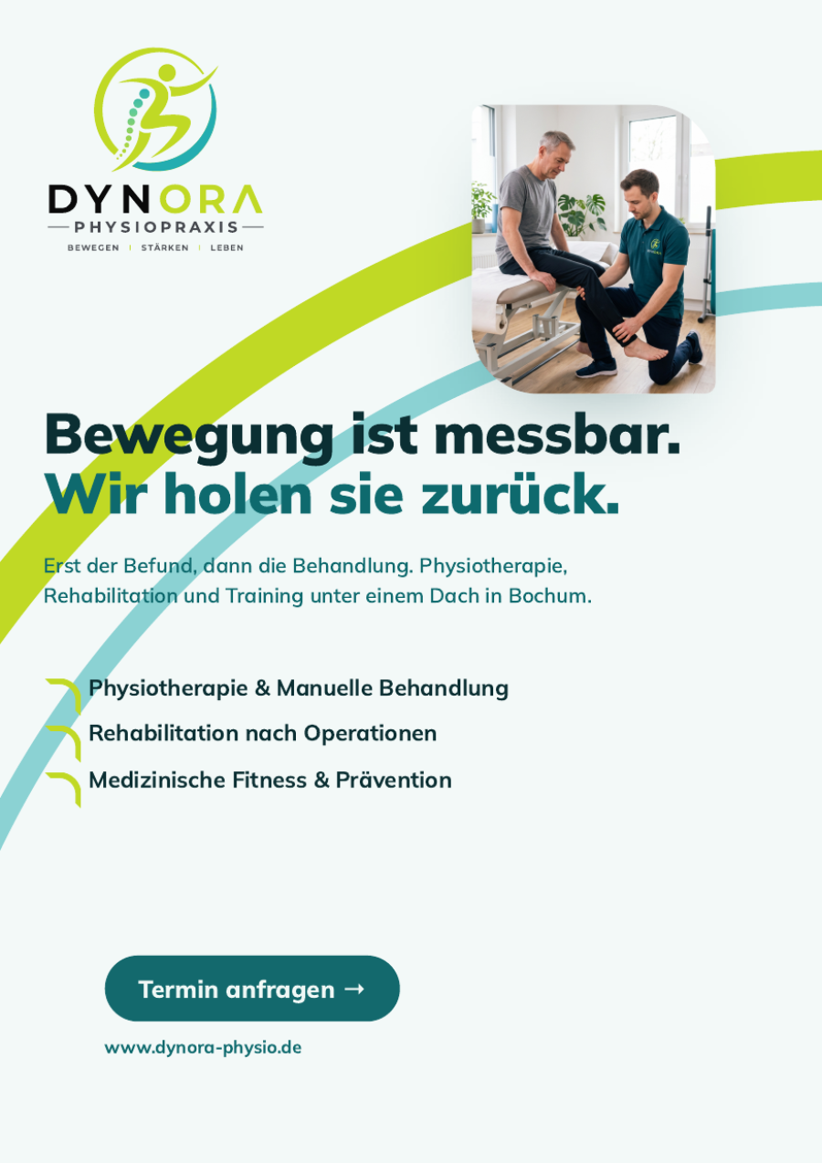 Flyer B Vorderseite: heller Grund mit großem Bewegungsbogen und Slogan
