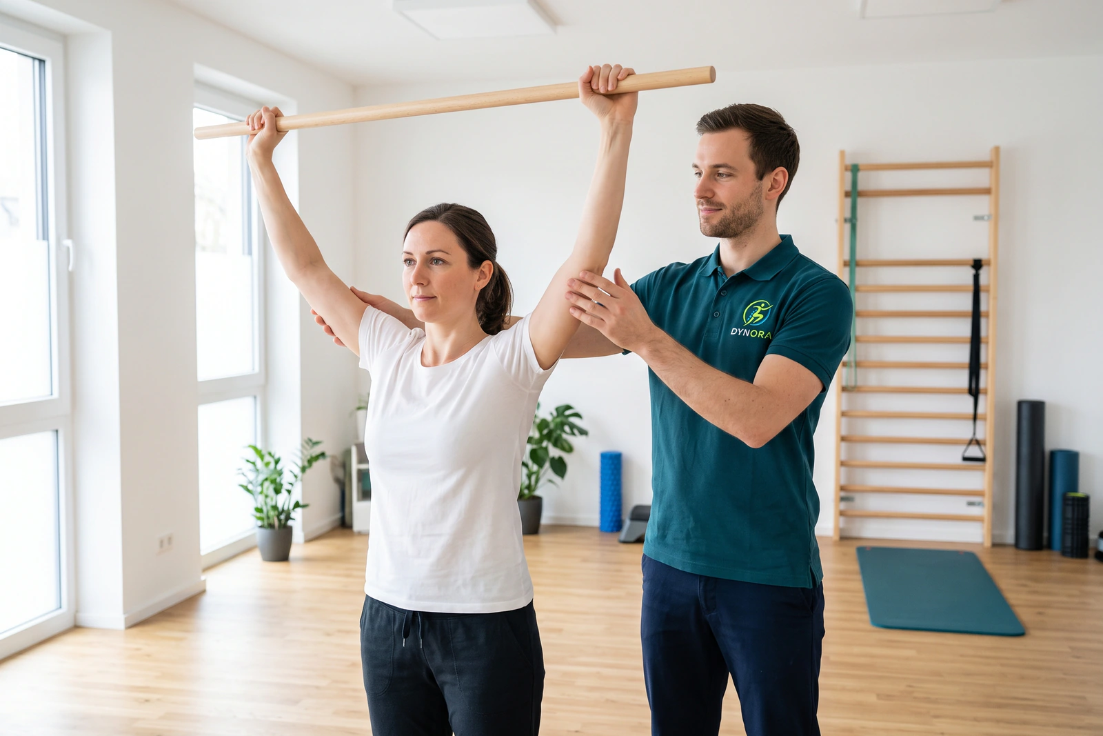 Therapeut führt die Arme einer Patientin bei einer Übung mit dem Therapiestab über den Kopf