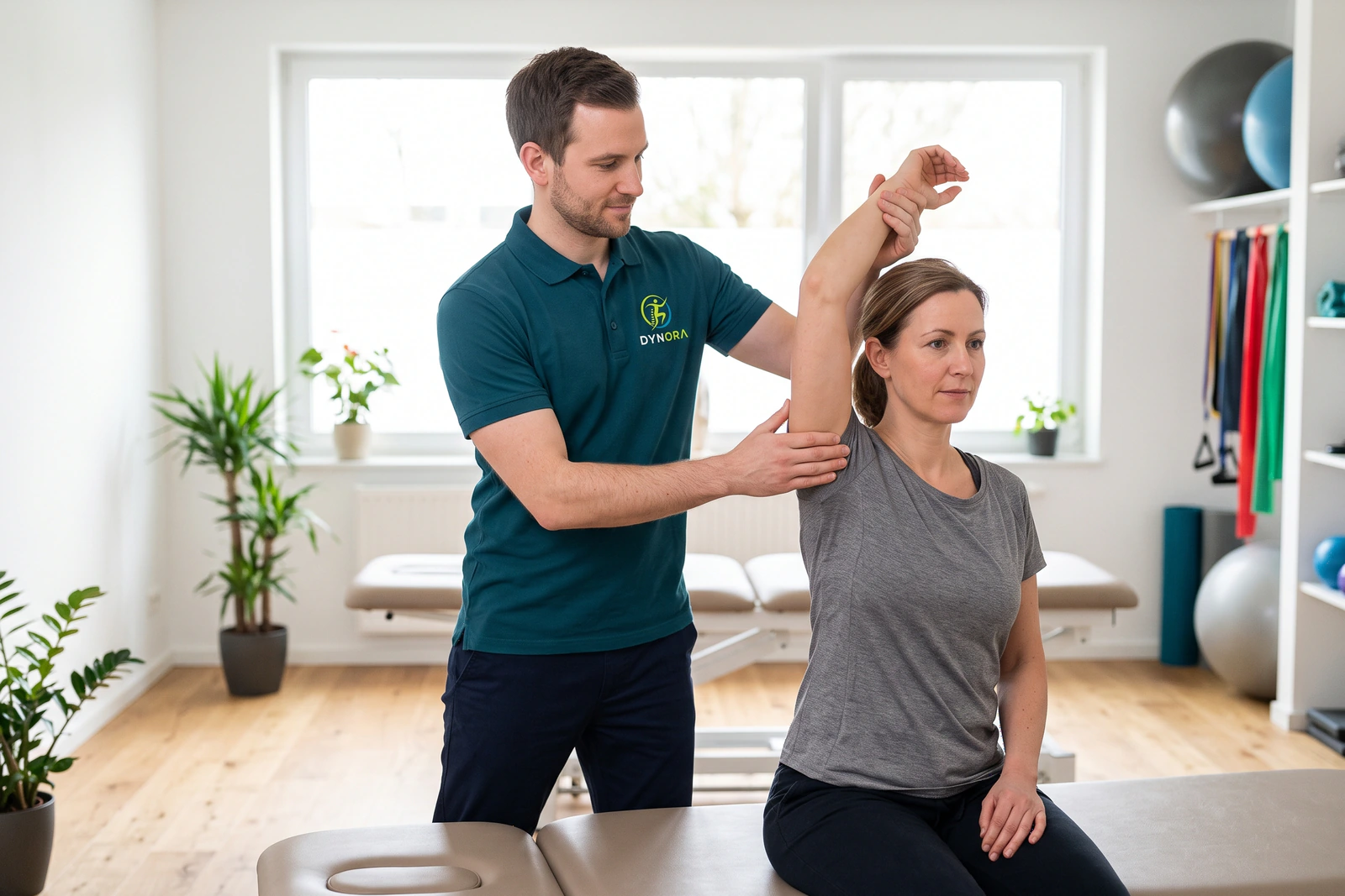 Physiotherapeut im Dynora-Shirt führt den Arm einer Patientin und stabilisiert ihr Schulterblatt