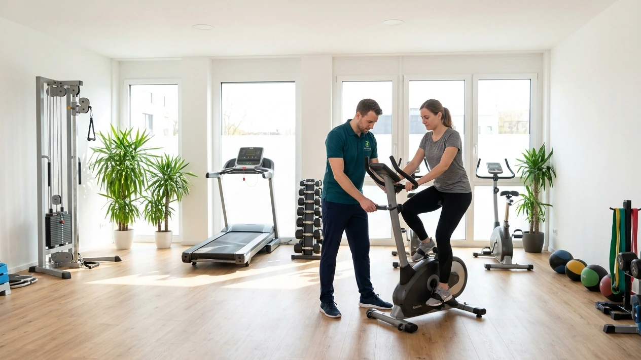 Trainingsraum mit Laufband, Ergometer und Hanteln, eine Therapeutin stellt das Rad für eine Patientin ein