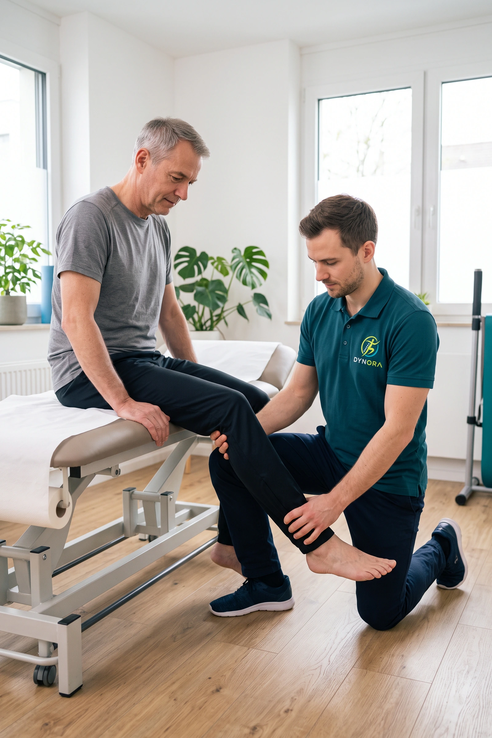 Physiotherapeut prüft die Streckung im Knie eines Patienten, der auf der Behandlungsliege sitzt