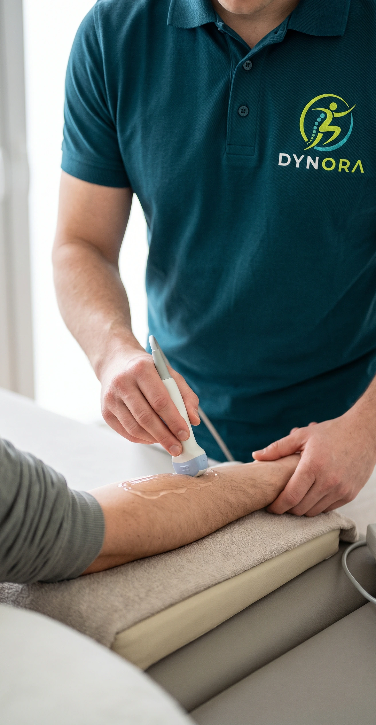 Ultraschallkopf wird am Unterarm eines Patienten angesetzt