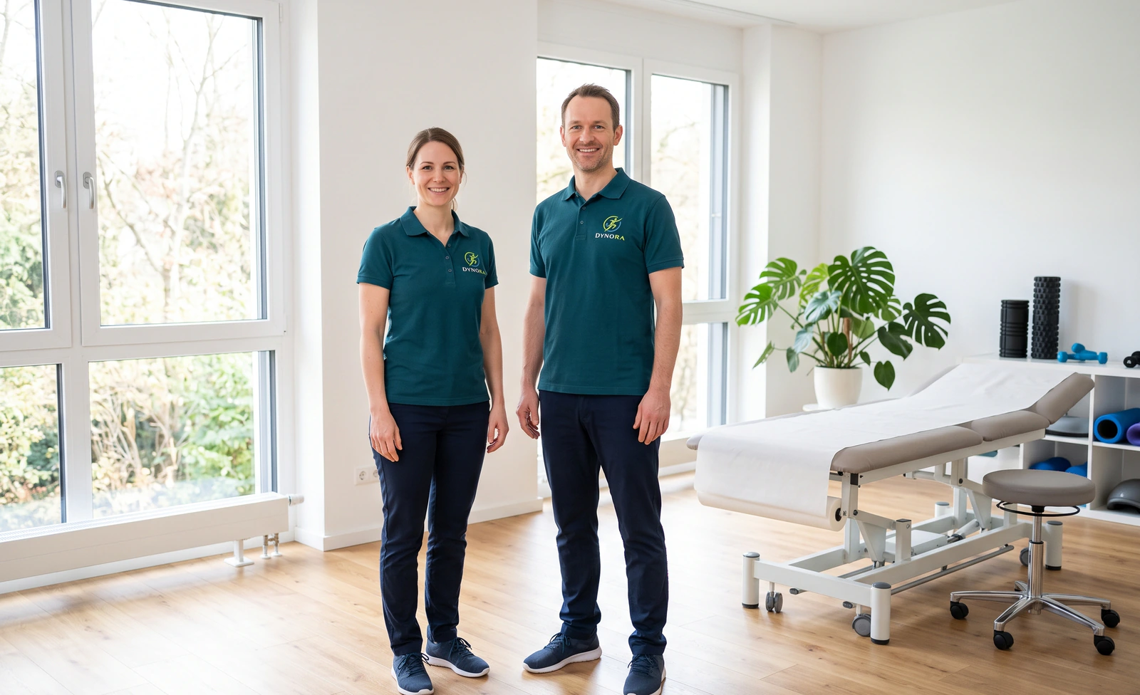 Zwei Physiotherapeuten der Praxis im Dynora-Shirt in einem hellen Behandlungsraum